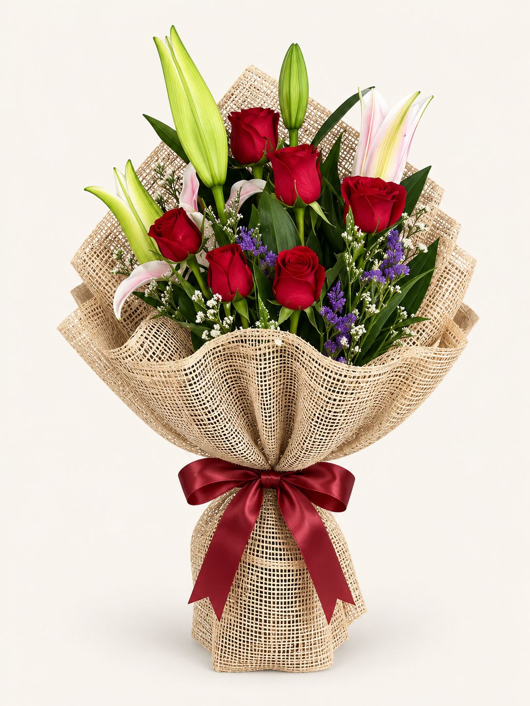 Heart on Fire — Red Rose and Pink Lily Bouquet