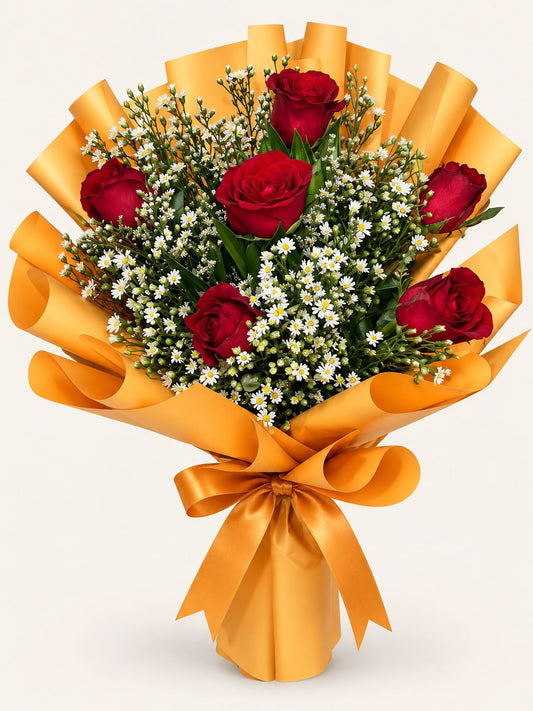 Siklab — Red Rose Round Bouquet in Orange Wrap