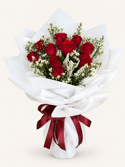 Pangarap — Red Rose Bouquet in White Wrap (Round)
