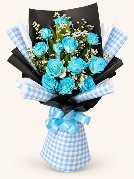 Jewel — Light Blue Rose Bouquet in Black Wrap (Arm)