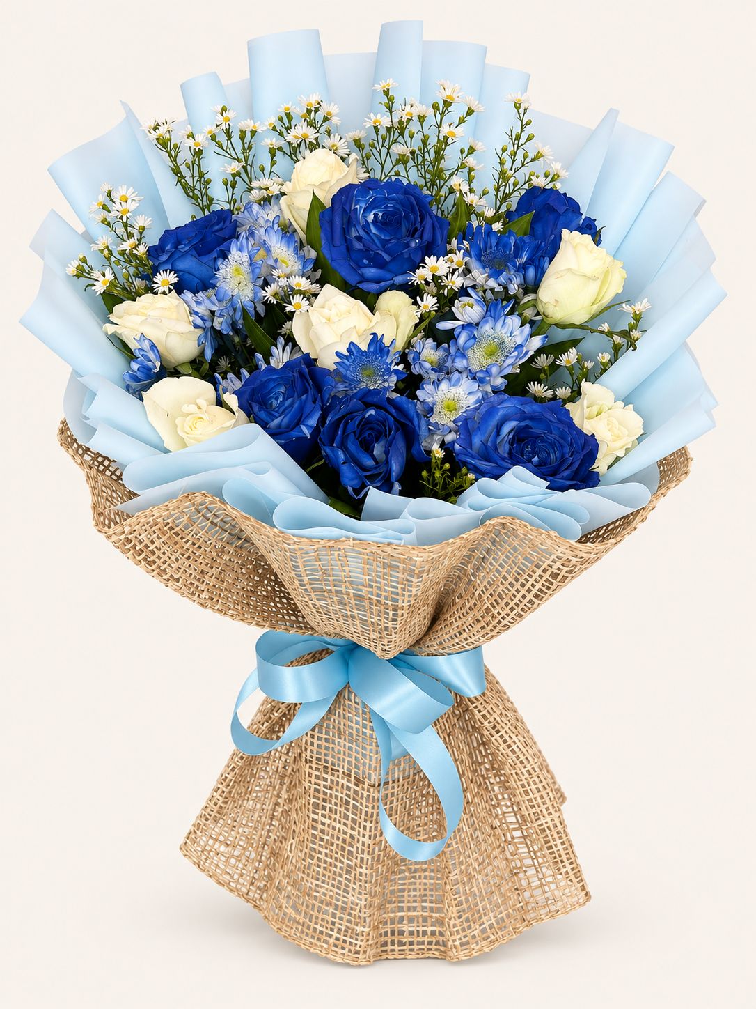 Amihan — Blue and White Roses Bouquet with Burlap Wap