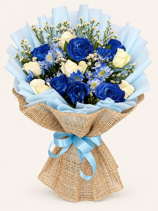 Amihan — Blue and White Roses Bouquet with Burlap Wap