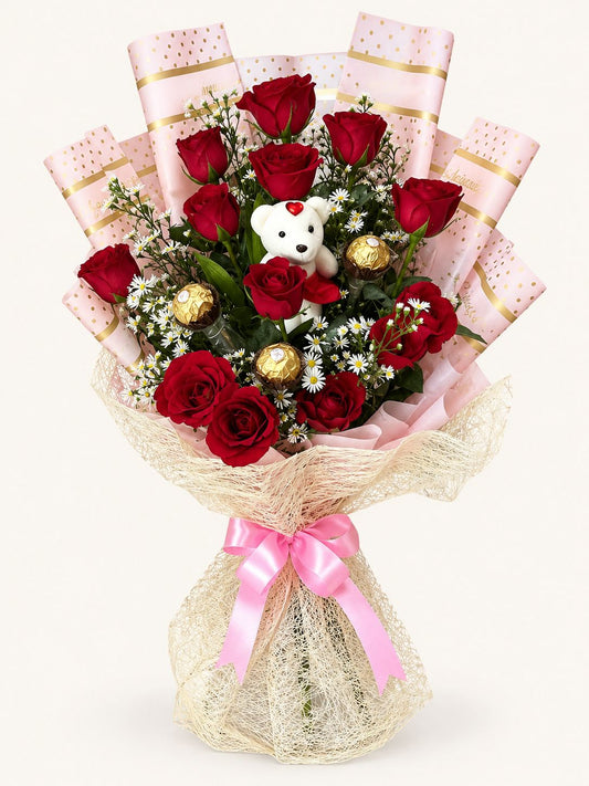 Lambingan — Red Rose Bouquet with Teddy Bear & Chocolate (Arm)