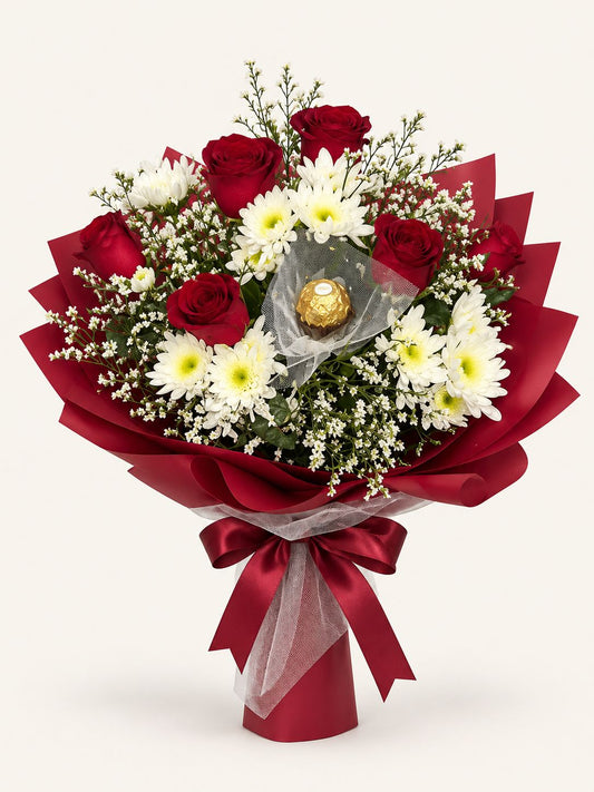 Sweet — Red Roses with Mums & Chocolate Bouquet (Round)